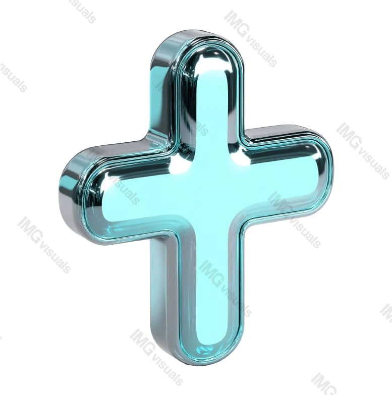 Luminous turquoise glass plus symbol with sleek metallic transparent image, ai generated. High-tech. First aid emergency sign isolated cutout 3d render. Medical logo cut out clipart design element png