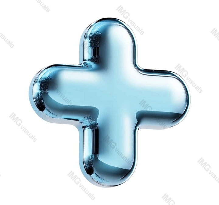 Futuristic blue chrome plus symbol with reflective transparent image, ai generated. Innovation. First aid emergency sign isolated cutout 3d render. Medical logo cut out clipart design element png