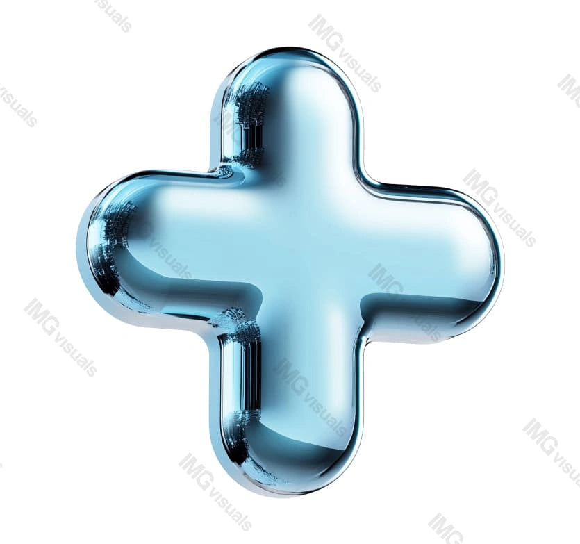 Futuristic blue chrome plus symbol with reflective transparent image, ai generated. Innovation. First aid emergency sign isolated cutout 3d render. Medical logo cut out clipart design element png