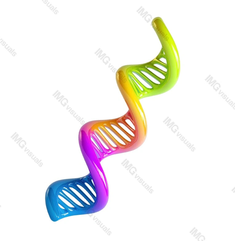 Sleek glossy multicolor DNA strand helix transparent image, ai generated. Genetic human genome, bioengineering isolated cutout 3d render. Medical innovation cut out clipart design element png