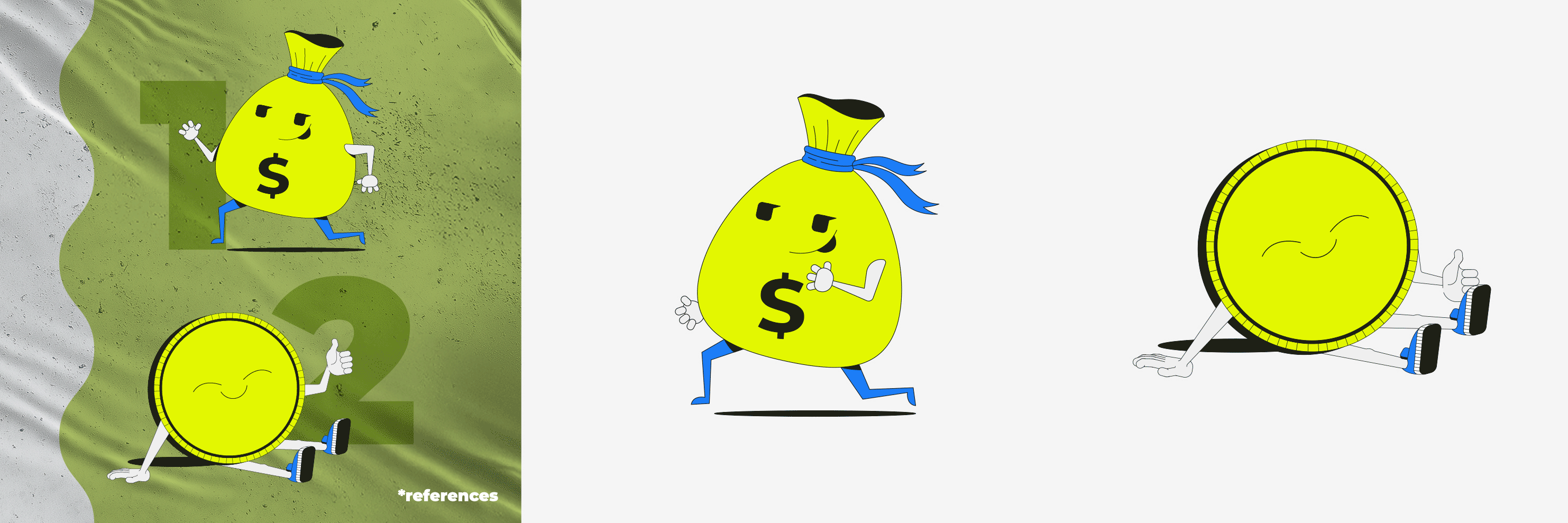 IMG Visuals Lottie character animations the client chose as references for his FinTech app mascot