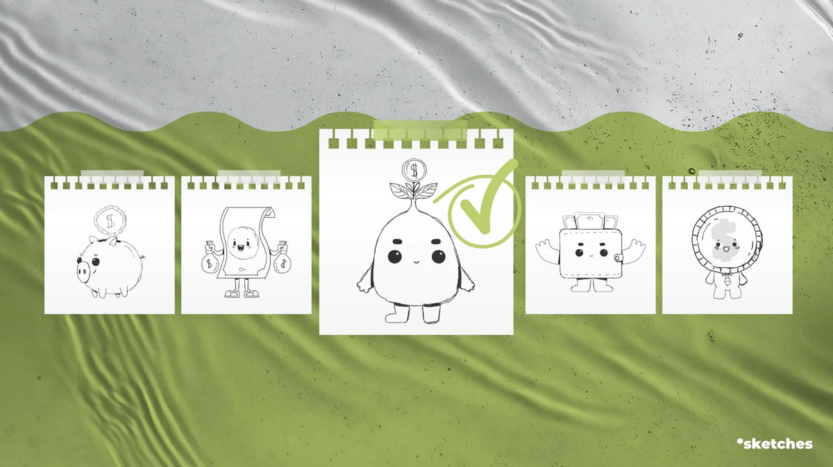Sketches of five FinTech app mascot ideas: money tree, piggy bank, wallet, coin and banknote characters