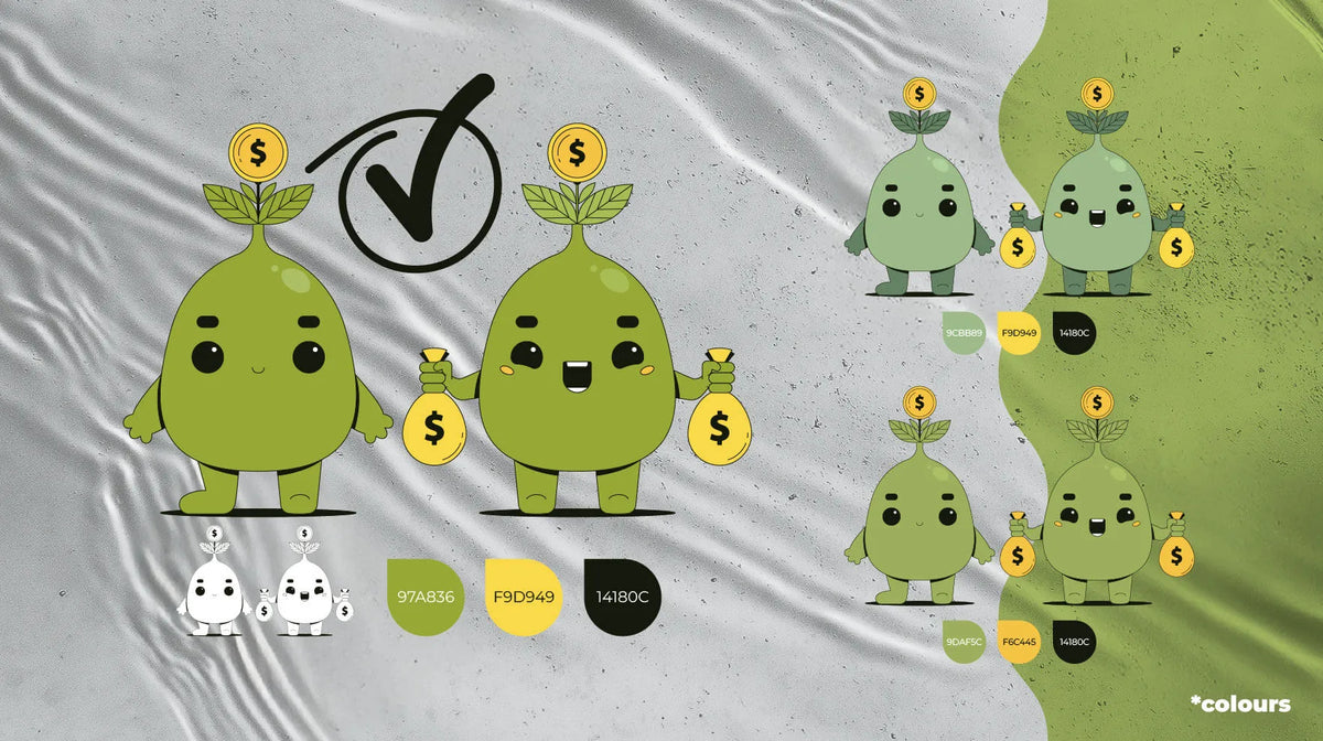 Color palette variations for the money tree app mascot, tested for readability on light and dark themes