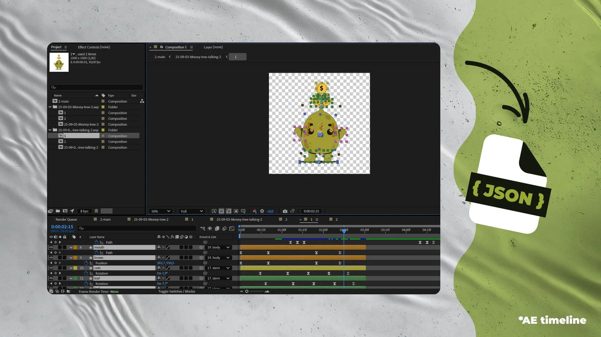 Lottie animation of the money tree mascot with named markers for idle, reacting and talking states
