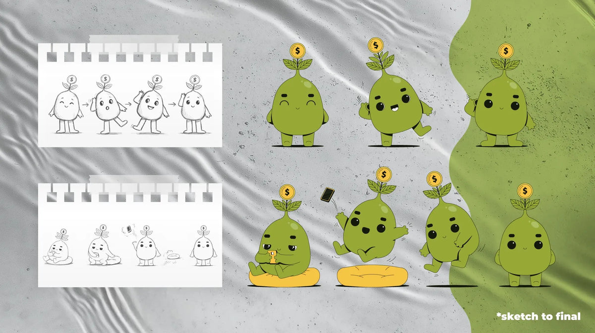 Stage 2: sketches and colored renders of new money tree mascot poses, listening and getting up, expanding the app's character set