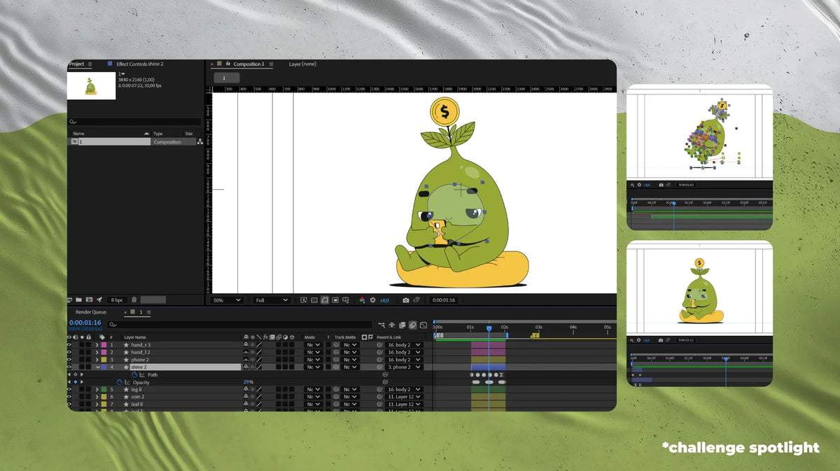 After Effects screenshots of the glowing phone screen effect for the money tree mascot, built for Lottie without glow effects