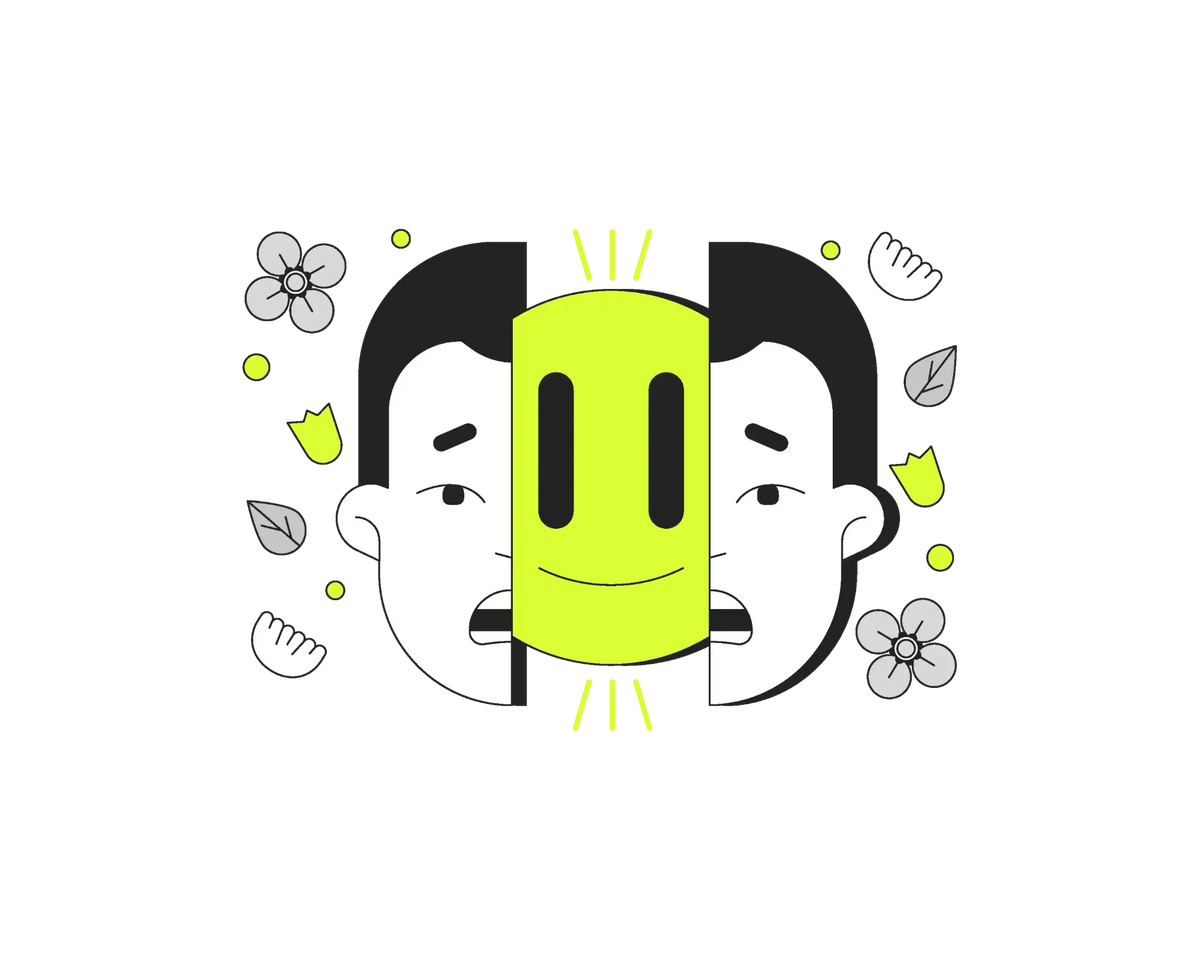 Line art illustration of a worried face split by a smiling lime face, showing inconsistent visuals turned into one, by IMG Visuals