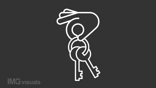 Home ownership white line animation. Hand holding house keys. Property purchase. Real estate. Seamless loop HD video with alpha channel on transparent background. Animated outline icon for night mode