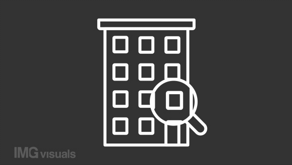 Flat search white line animation. Magnifying glass examining building. Property valuation. Seamless loop HD video with alpha channel on transparent background. Animated outline icon for night mode