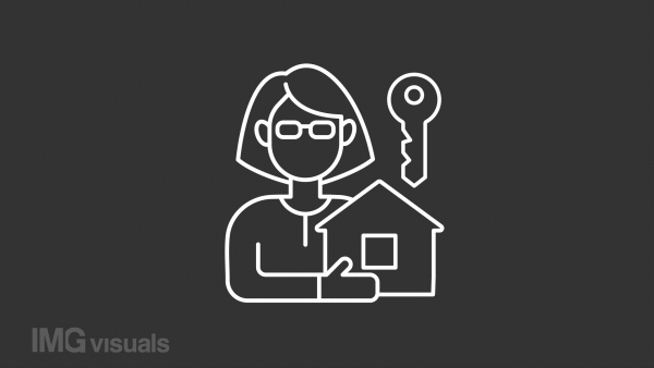 Realtor white line animation. Woman holding house. Real estate agent. Property manager. Seamless loop HD video with alpha channel on transparent background. Animated outline icon for night mode