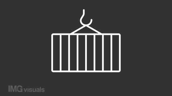 Animated container white line icon. Crane lifting. Cargo transportation. Seamless loop HD video with alpha channel on transparent background. Outline motion graphic animation for night mode