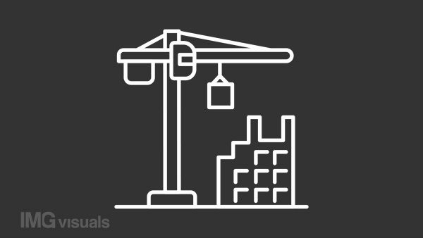 Construction white line animation. Tower crane working. Home loan. Real estate development. Seamless loop HD video with alpha channel on transparent background. Animated outline icon for night mode