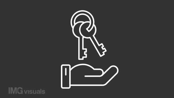 Keys handover white line animation. Buying house. Car purchase deal. Renting bank locker. Seamless loop HD video with alpha channel on transparent background. Animated outline icon for night mode