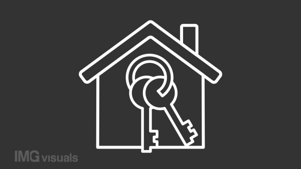 Home buying white line animation. House with keys. Rental property. Residential real estate. Seamless loop HD video with alpha channel on transparent background. Animated outline icon for night mode