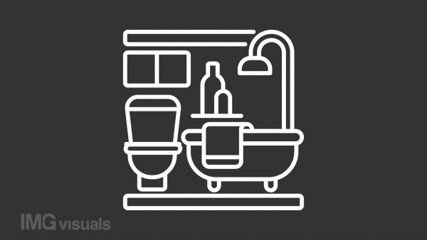 Bath white line animation. Bathroom interior. Bathtub and toilet. Real estate listing. Seamless loop HD video with alpha channel on transparent background. Animated outline icon for night mode