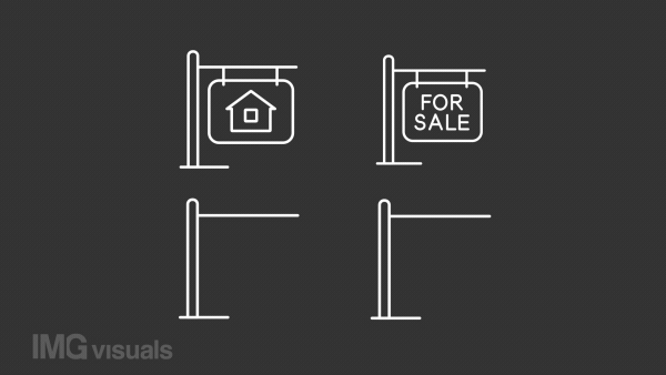 Animated lawn signs white line icons. Real estate agent. Property for sale. Seamless loop HD video with alpha channel on transparent background. Outline motion graphic animation for night mode