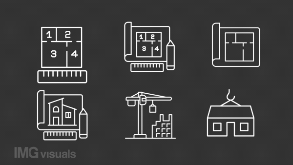 Architecture white line animations. Construction project. Building planning. Seamless loop HD video with alpha channel on transparent background. Animated outline icons for night modes