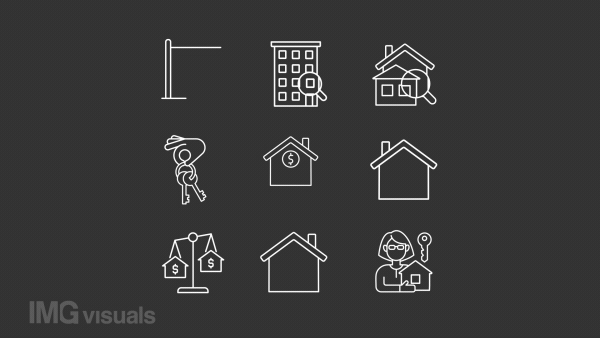 Rental property white animations. Real estate investing. Broker services. House search. Seamless loop HD video with alpha channel on transparent background. Animated outline icons for night modes