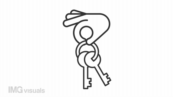 Home ownership linear animation. Hand holding house keys. Property purchase. Real estate deal. Mortgage loan. Seamless loop HD video with alpha channel on transparent background. Animated outline icon