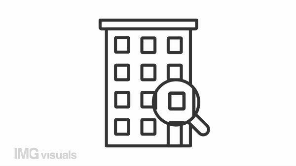 Flat search linear animation. Magnifying glass examining building. Property valuation. Estate agent. Seamless loop HD video with alpha channel on transparent background. Animated outline icon