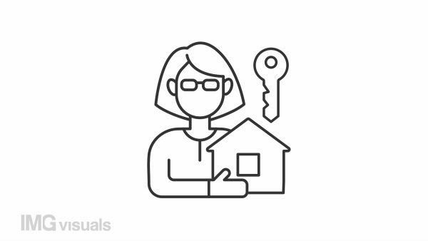 Realtor linear animation. Woman holding house. Real estate agent. Property manager. Customer service. Seamless loop HD video with alpha channel on transparent background. Animated outline icon
