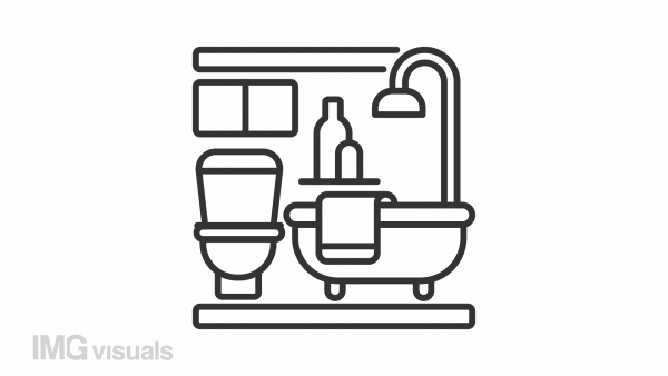 Bath linear animation. Bathroom interior. Bathtub and toilet. Real estate listing. Residential building. Seamless loop HD video with alpha channel on transparent background. Animated outline icon