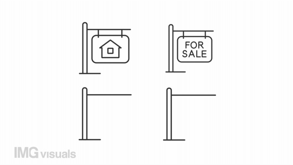 Animated lawn signs linear icons. Real estate agent. Property for sale. Realtor promotion. Seamless loop HD video with alpha channel on transparent background. Outline motion graphic animation
