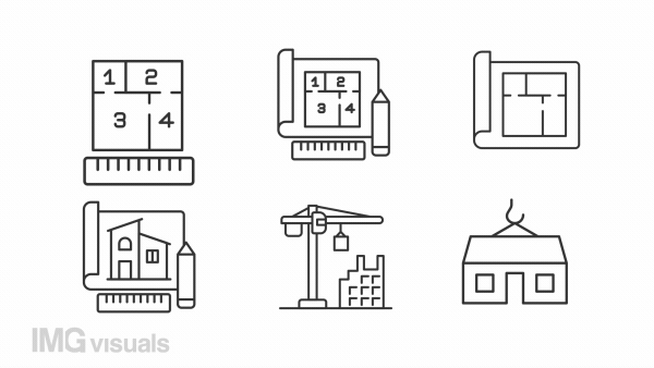 Architecture linear animation set. Construction project. Building planning. House engineering. Seamless loop HD video with alpha channel on transparent background. Animated outline icons