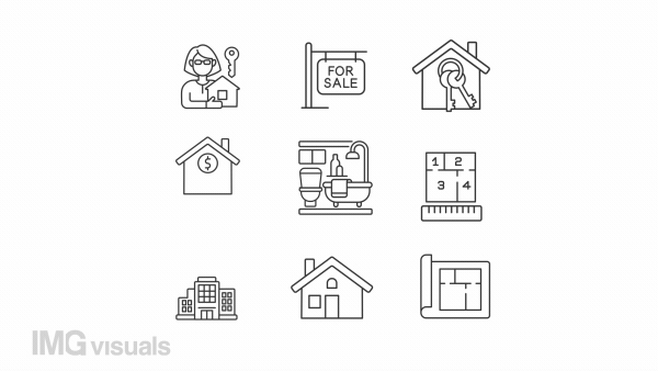 Real estate linear animation set. Property management services. Housing market. Home buying. Seamless loop HD video with alpha channel on transparent background. Animated outline icons