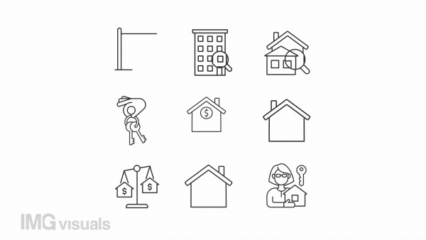 Rental property linear animation set. Real estate investing. Broker services. House search. Seamless loop HD video with alpha channel on transparent background. Animated outline icons