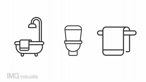 Bathroom linear animation set. Personal hygiene. Bath interior. Hotel room. Home toilet. Bathtub shower. Seamless loop HD video with alpha channel on transparent background. Animated outline icons
