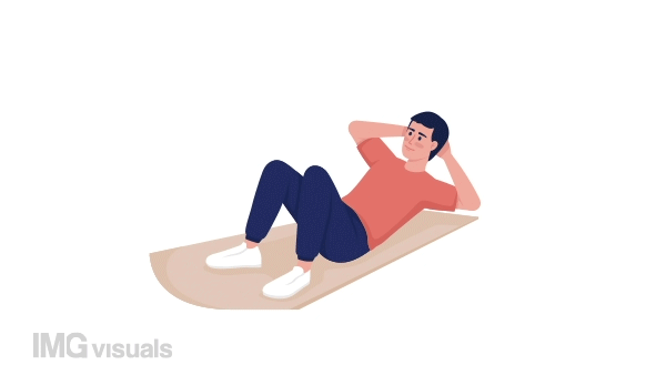 Animated home abs workout character. Young man training. Full body flat person on white background with alpha channel transparency. Colorful cartoon style HD video footage for animation