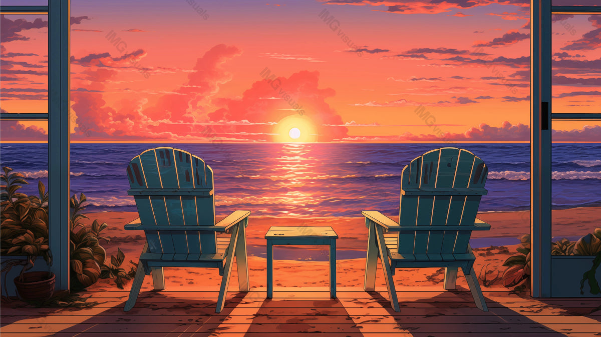 Adirondack chairs facing stunning ocean sunset ai generated 2D cartoon illustration. Patio glass doorway beach lofi wallpaper background lo-fi art. Beachfront seaside flat image cozy chill vibe