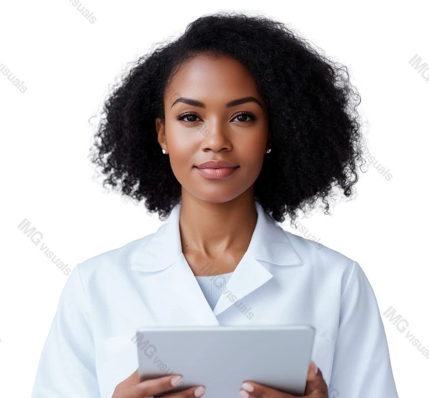 African american female doctor using digital tablet image isolated transparent, ai generated. Telehealth. Electronic records black woman medic cut out photo png. Healthcare provider cutout photography