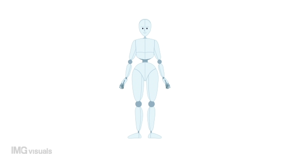 Animated humanoid robot movements. Robotics engineering. Dance automation. Flat character animation white background with alpha channel transparency. Color cartoon style 4K video footage