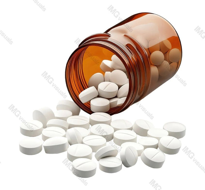 Amber pill bottle spilling white tablets transparent image, ai generated. Painkillers. Pharmaceutical care isolated cutout 3d render. Medical treatment container cut out clipart design element png