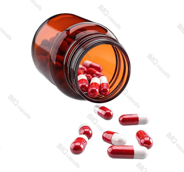 Amber prescription bottle tipped over, spilling red white capsules transparent image, ai generated. Pharmaceuticals isolated cutout 3d render. Medical treatment cut out clipart design element png