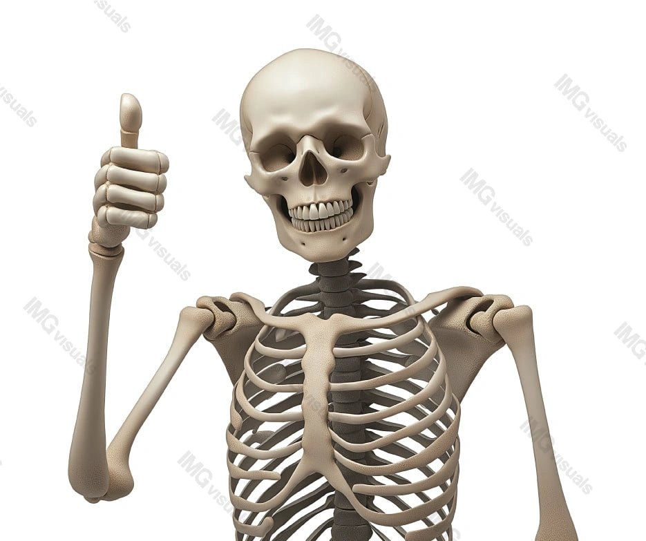 Anatomical skeleton giving positive thumb up transparent image, ai generated. Smiling skull. Humorous anatomy isolated cutout 3d render. Skeletal gesture cut out clipart design element png