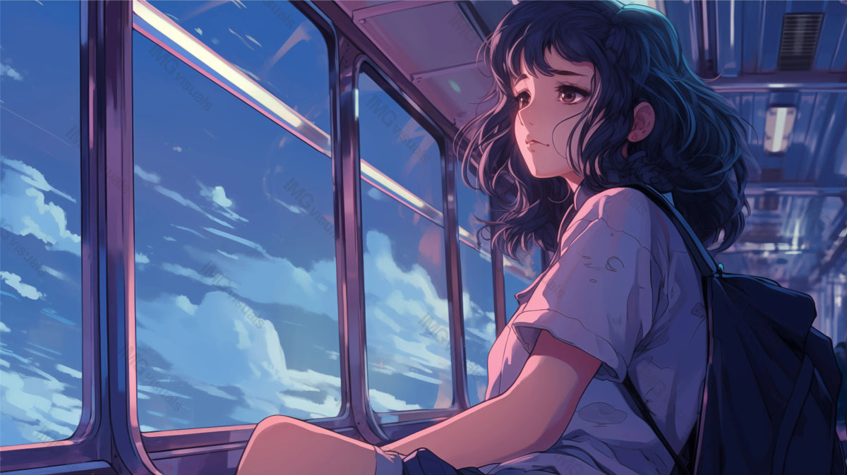 Anime girl deep in thought, looking through train window ai generated 2D cartoon illustration. Commuter train lofi wallpaper background lo-fi art. Daydreaming passenger flat image cozy chill vibe