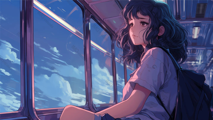 Anime girl deep in thought, looking through train window ai generated 2D cartoon illustration. Commuter train lofi wallpaper background lo-fi art. Daydreaming passenger flat image cozy chill vibe