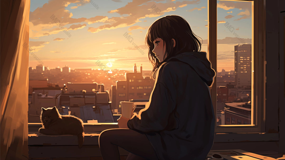 Anime girl enjoying sunset with coffee cup and cat ai generated 2D cartoon illustration. Windowsill moment evening calm lofi wallpaper background lo-fi art. Home comfort flat image cozy chill vibe
