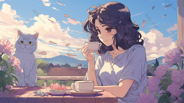 Anime girl enjoys tea time with cat on balcony ai generated 2D cartoon illustration. Morning ritual, quiet moment lofi wallpaper background lo-fi art. Floral surroundings flat image cozy chill vibe