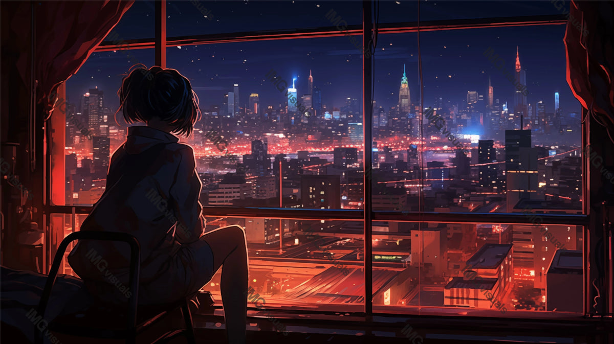 Anime girl gazes out at urban night under starry sky ai generated 2D cartoon illustration. Peaceful evening lofi wallpaper background lo-fi art. Tranquil cityscape flat image cozy chill vibe