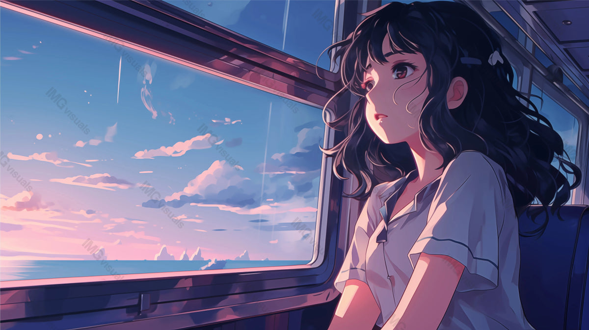 Anime girl gazing out train window at sunset sky ai generated 2D cartoon illustration. Contemplative female commuter lofi wallpaper background lo-fi art. Dreamy cloudscape flat image cozy chill vibe