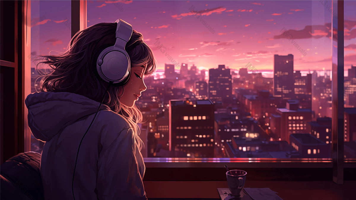Anime girl headphones enjoys sunset cityscape from window ai generated 2D cartoon illustration. City evening calm lofi wallpaper background lo-fi art. Music listening flat image cozy chill vibe