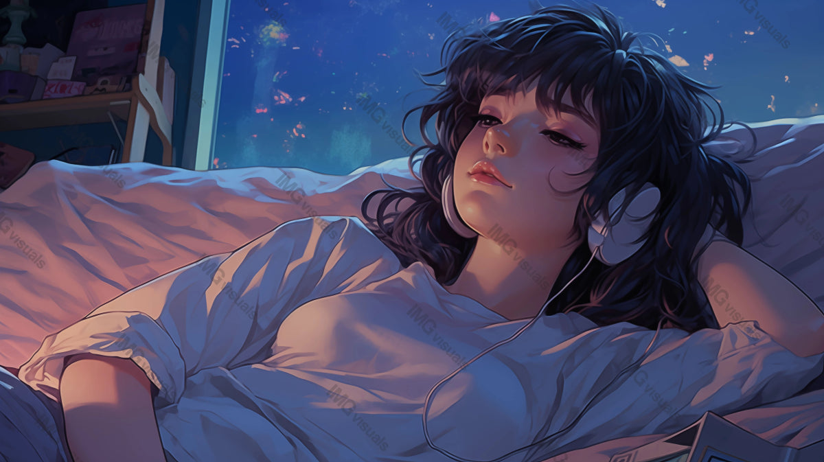 Anime girl headphones rests in bed ai generated 2D cartoon illustration. Bedroom window with night sky lofi wallpaper background lo-fi art. Evening dreamy atmosphere flat image cozy chill vibe