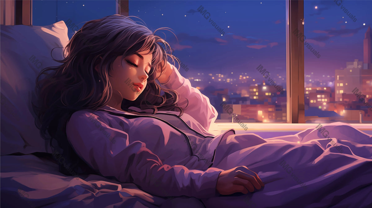 Anime girl sleeps soundly, bathed in city lights ai generated 2D cartoon illustration. Bedroom night quietude lofi wallpaper background lo-fi art. Peaceful rest, dreams flat image cozy chill vibe