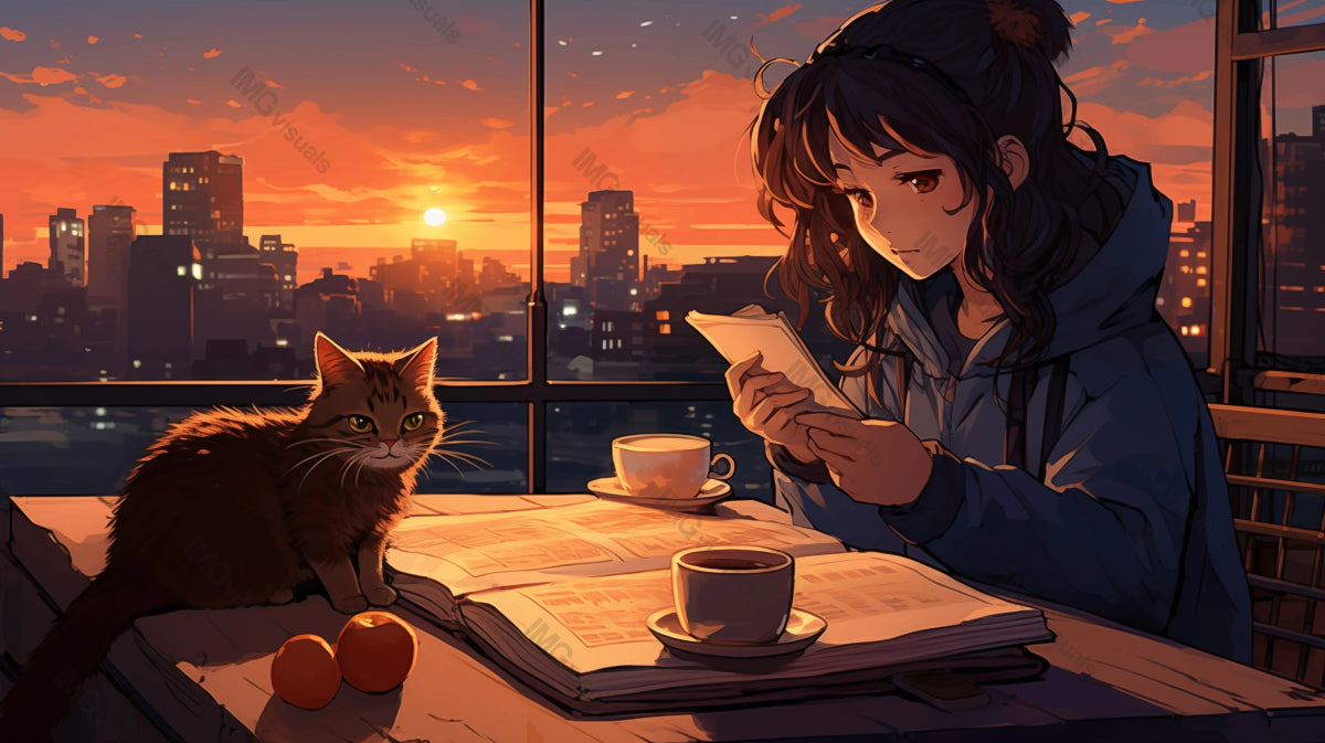 Anime girl with book and cat enjoys coffee break at dusk ai generated 2D cartoon illustration. Sunset city view window lofi wallpaper background lo-fi art. Indoor comfort flat image cozy chill vibe