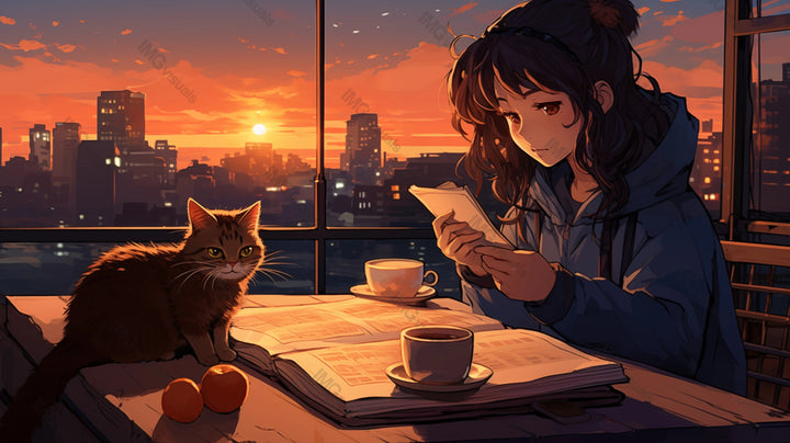 Anime girl with book and cat enjoys coffee break at dusk ai generated 2D cartoon illustration. Sunset city view window lofi wallpaper background lo-fi art. Indoor comfort flat image cozy chill vibe