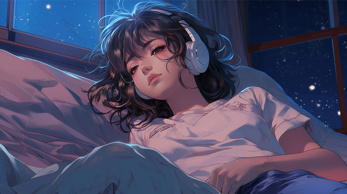 Anime girl with headphones dozes off in bed ai generated 2D cartoon illustration. Starry sky in window bedroom lofi wallpaper background lo-fi art. Peaceful slumber flat image cozy chill vibe